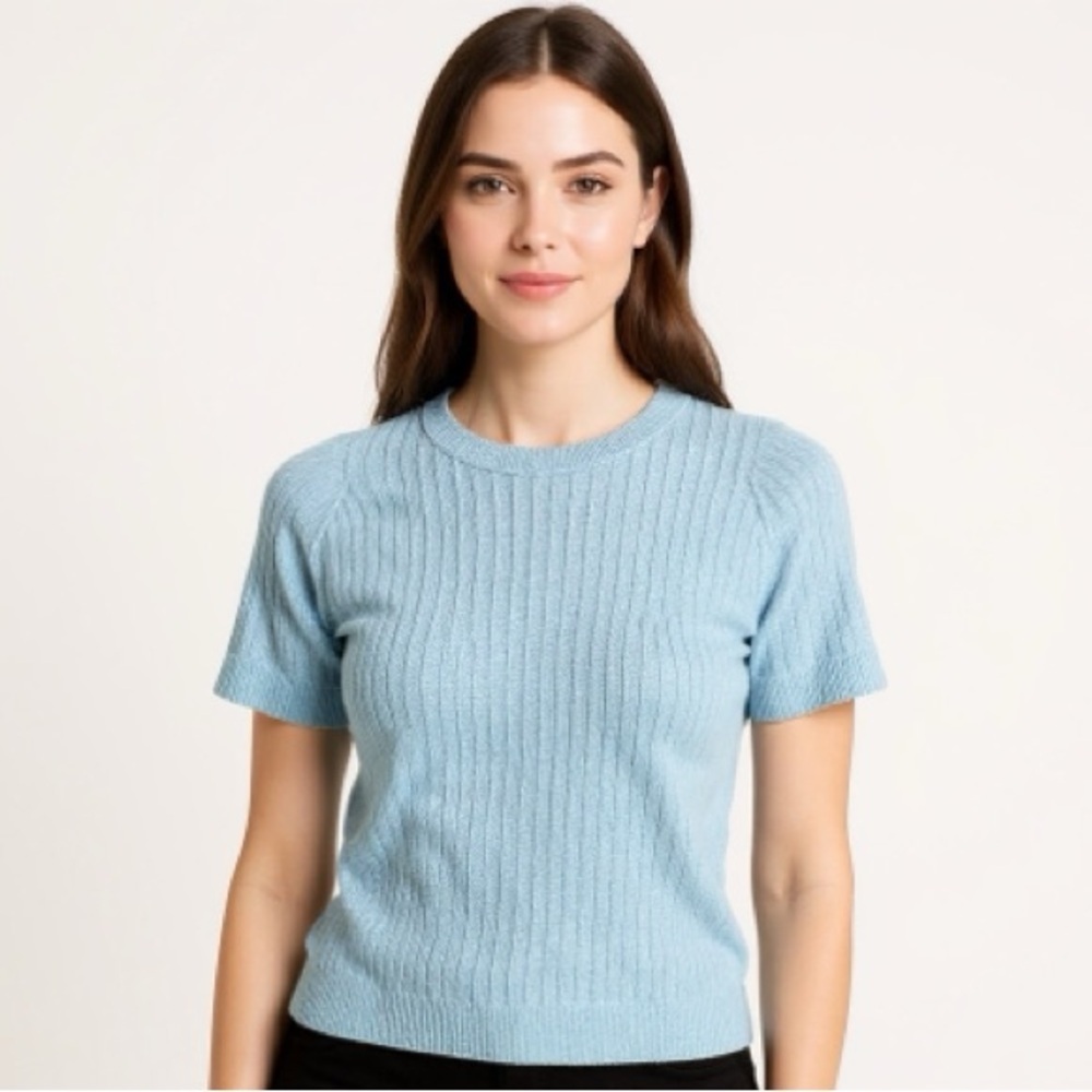 Alfred Dunner Light Blue Ribbed Short-Sleeve Crewneck Sweater